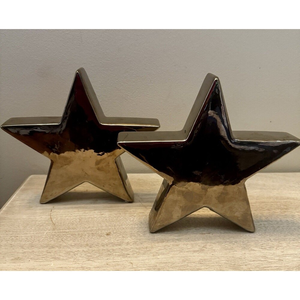 Three Hands Corp Metallic Silver Ceramic Star Bookends Set Celestial Decor 7.5"